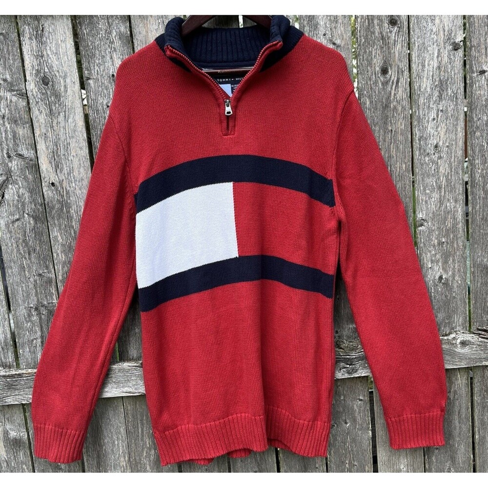 TOMMY HILFIGER VINTAGE Cotton Knit Flag Spellout Logo Quarter Zip- Size Men’s XL
